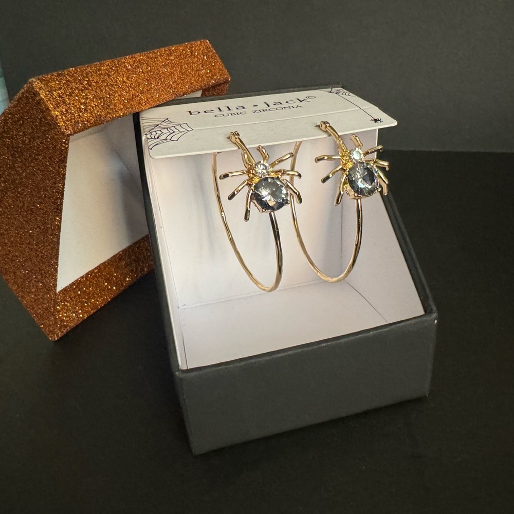 Gold Spider Hoop Earrings with Crystal Accents